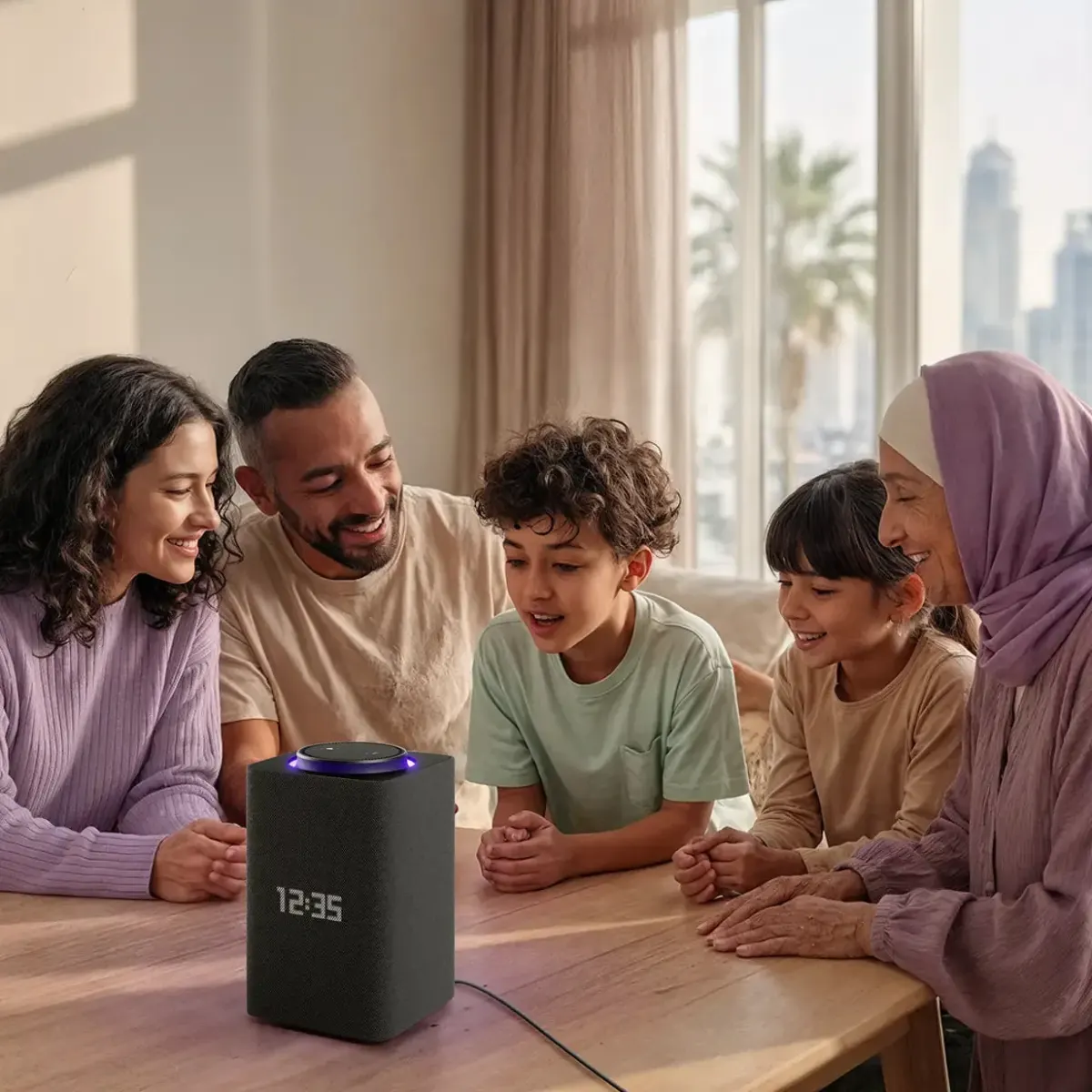 Family gathered around a smart speaker for everyday home use in the UAE