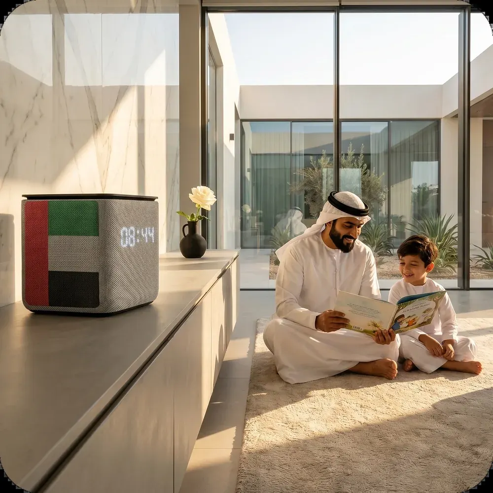 Man and child reading a bedtime book together at home in the UAE, with a speaker nearby for calming audio Man and child reading a bedtime book together at home in the UAE, with a speaker nearby for calming audio
