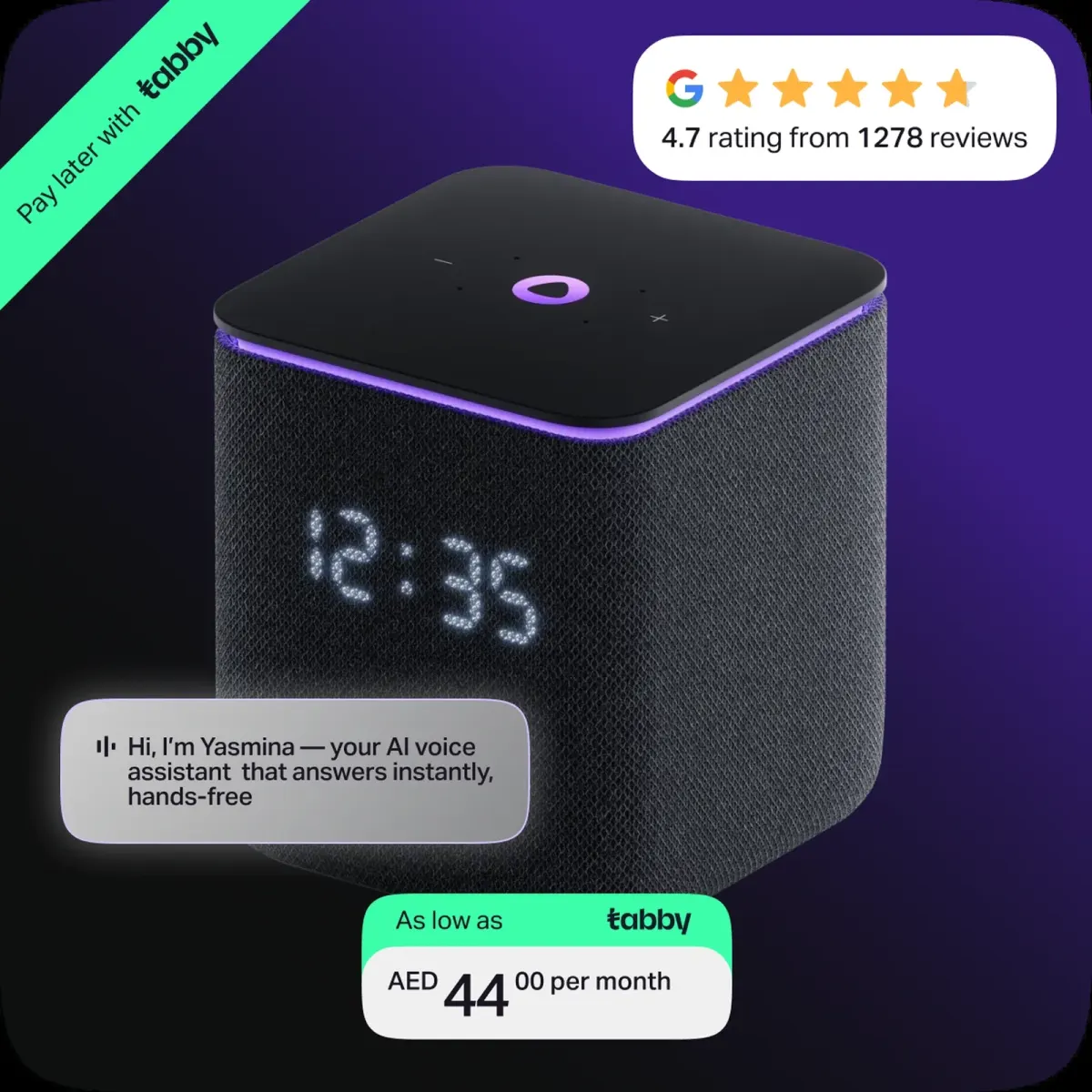 Yasmina smart speaker product image with English text about voice assistant features, reviews, and monthly price in AED Yasmina smart speaker product image with English text about voice assistant features, reviews, and monthly price in AED